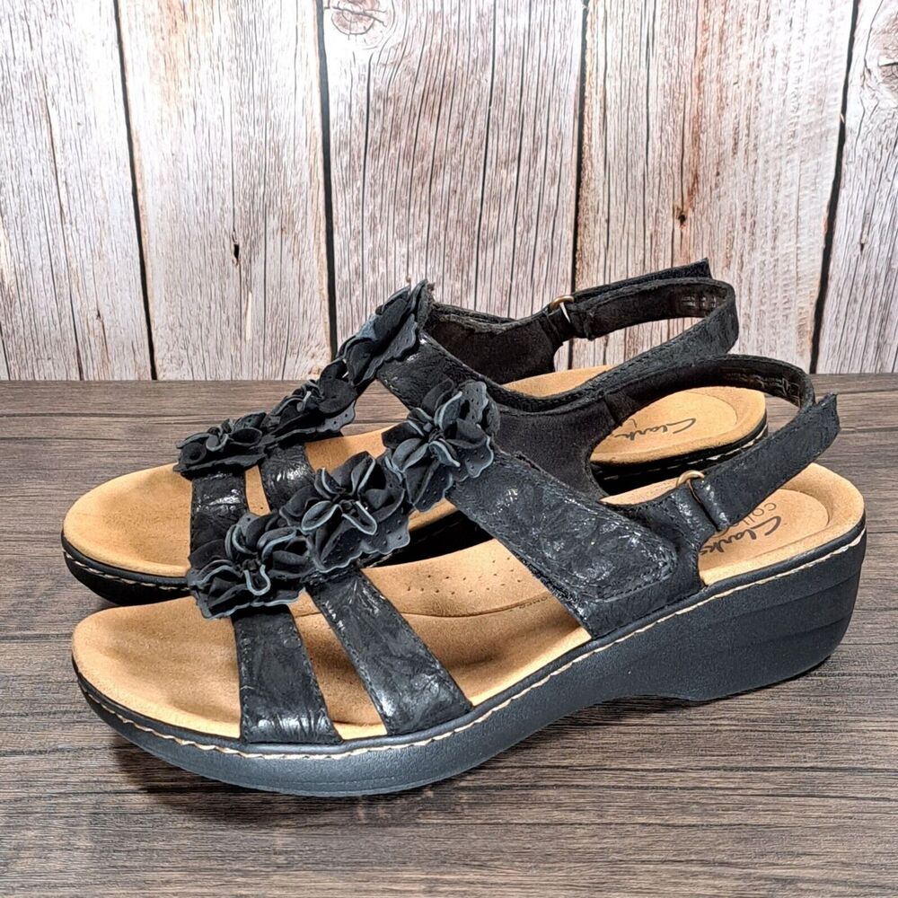 Clarks Merliah Sheryl Black Floral Slingback Sandals Women's Size 10 M (GUC)